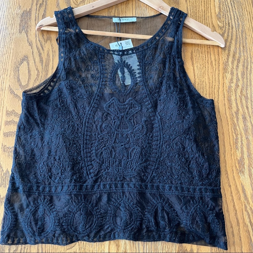 Zara Black Embroidered Mesh Top M
